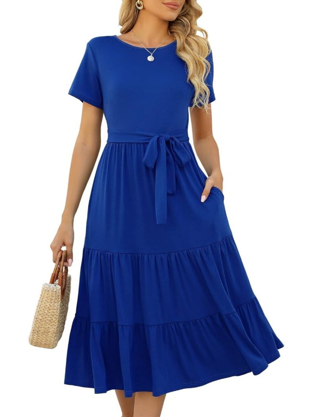 Women's Light Blue Tiered Short Sleeve Belted Pocket Ruffle Midi Maxi Dress
